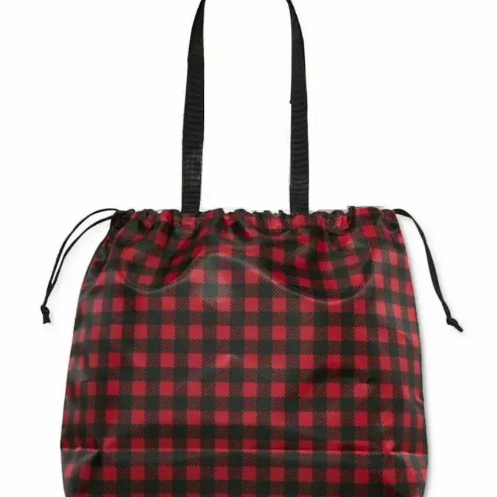 NWT Macys Red & Black Buffalo Check Plaid Nylon Large Drawstring Eco Tote Bag